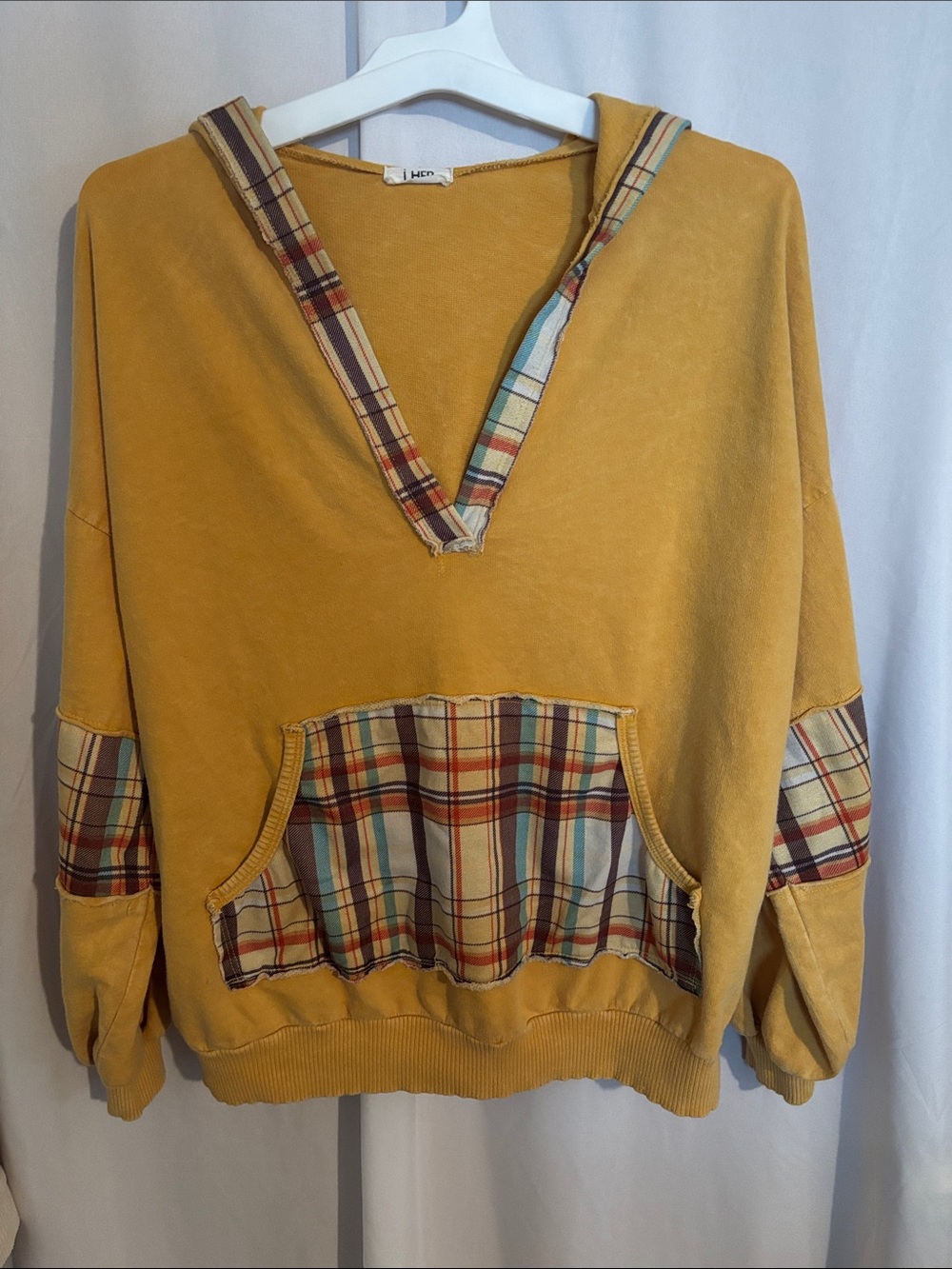 J.Her Mustard Mineral Wash Plaid Trim Oversized Hoodie Size Small